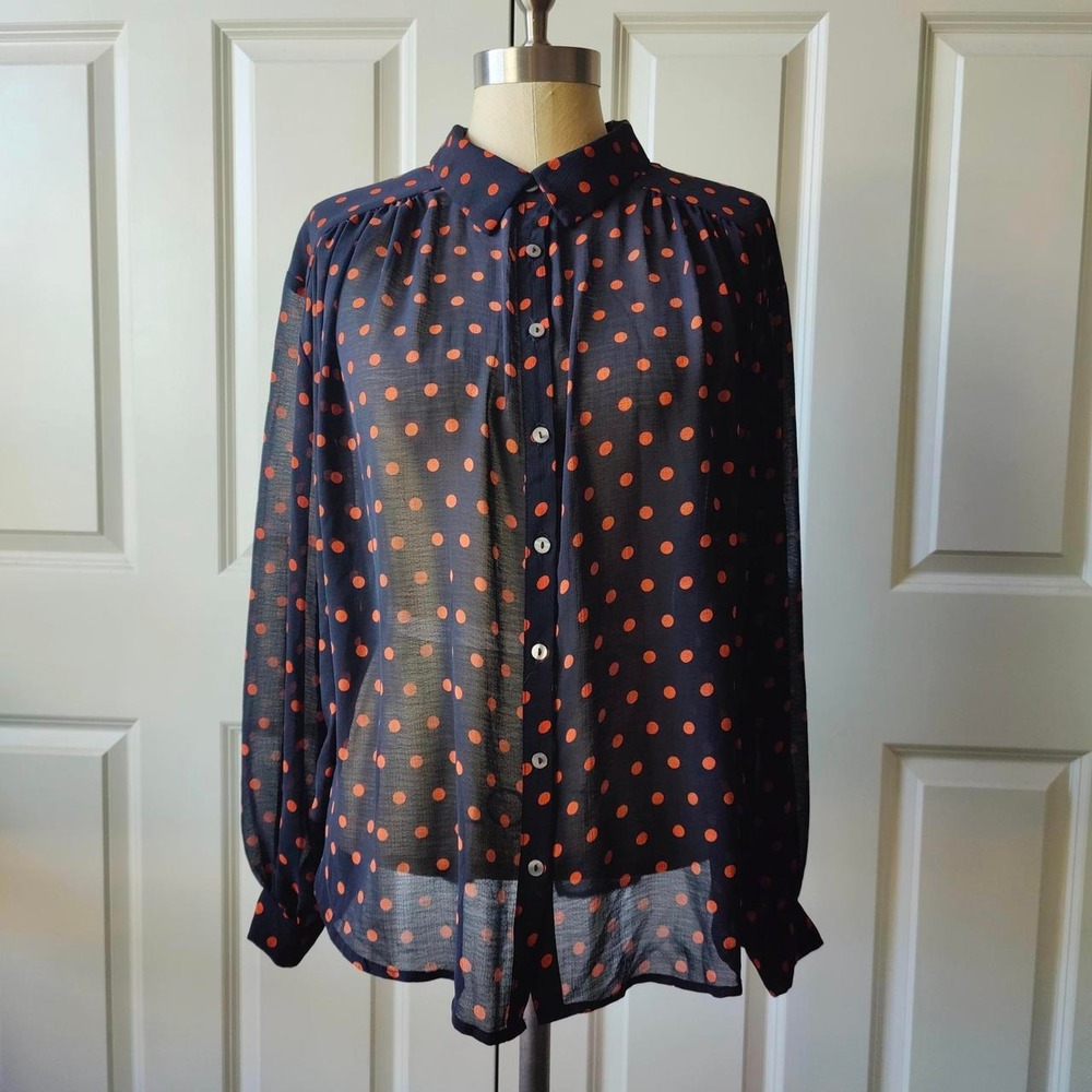 Free People Polka Dot Sheer Button Down Blouse Blouson Boho Small Oversized